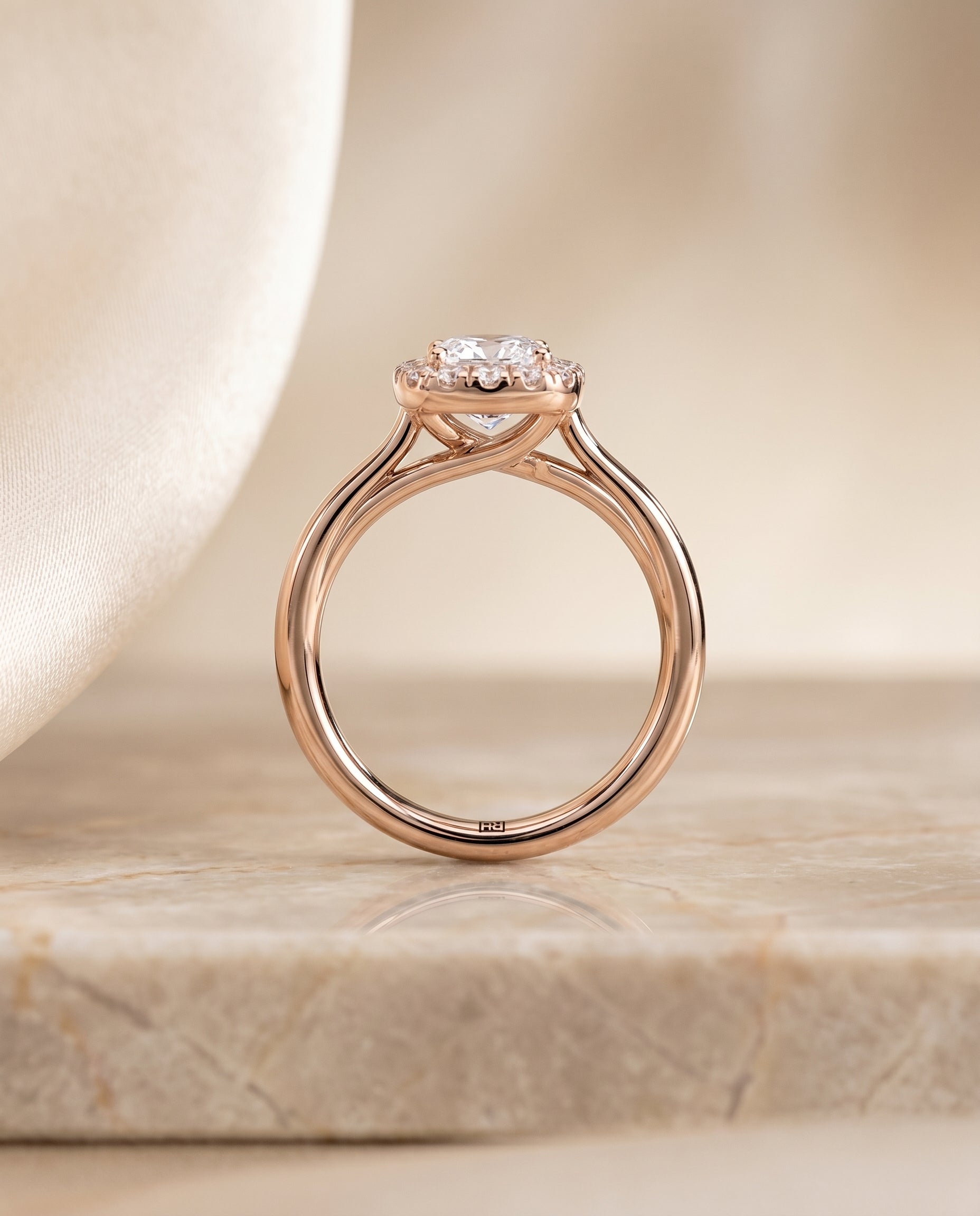 The Amy high polish simple halo cut engagement ring setting, shown in 18K Rose Gold | RockHer