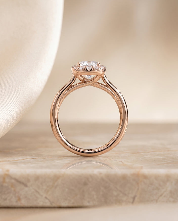 Cushion, High Polish Simple Halo, in 18K Rose Gold, prong setting – side profile | RockHer