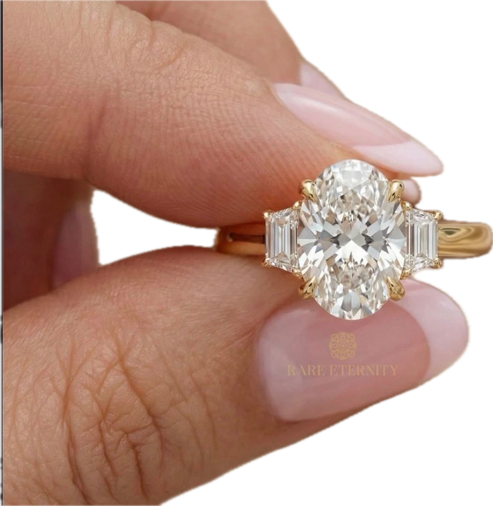 Custom Oval Three Stone Engagement Ring with Trapezoid Side Diamonds in 18K Yellow Gold