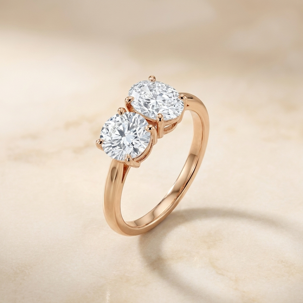 14K Rose Gold Jackie Select Toi et Moi Round & Oval Knife Edge Band Lab Diamond Engagement Ring - Alt angle on warm marble