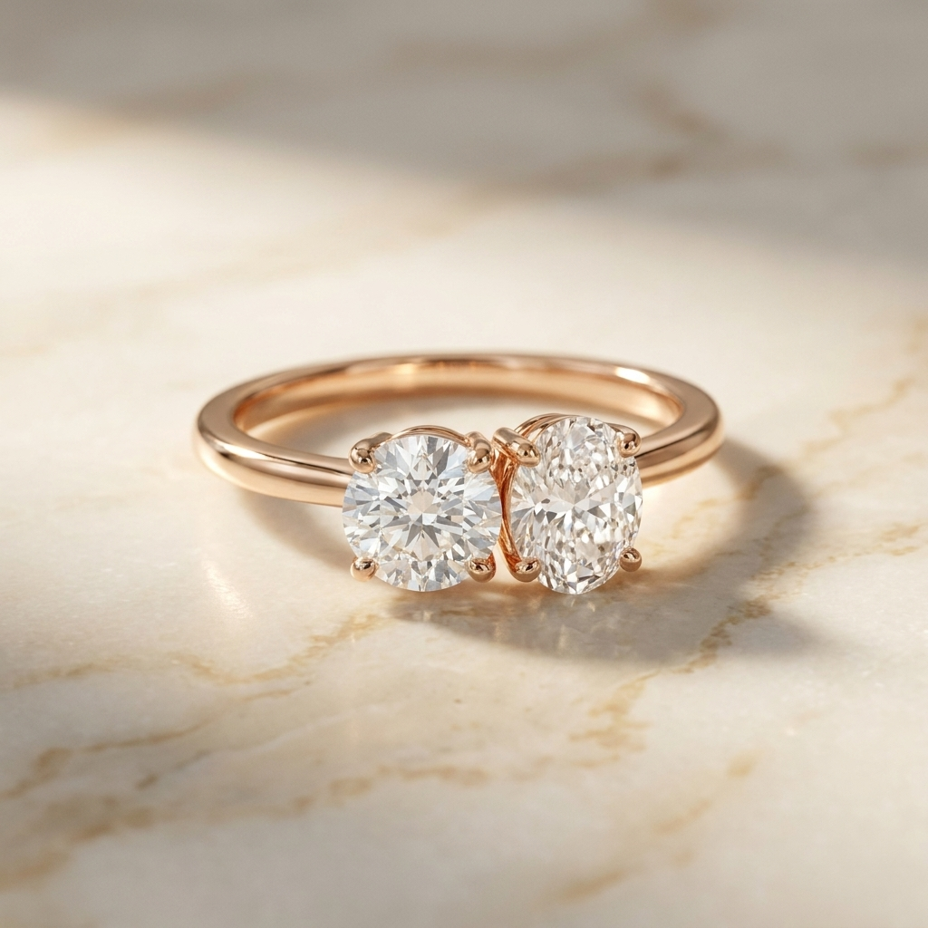14K Rose Gold Jackie Select Toi et Moi Round & Oval Knife Edge Band Lab Diamond Engagement Ring - Hero on warm marble