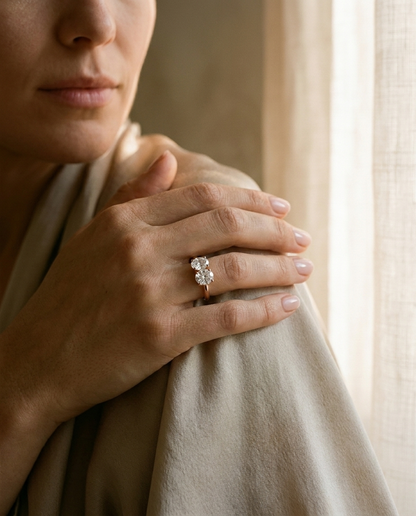 14K Rose Gold Jackie Select Toi et Moi Round & Oval Knife Edge Band Lab Diamond Engagement Ring - Lifestyle scene with hand model