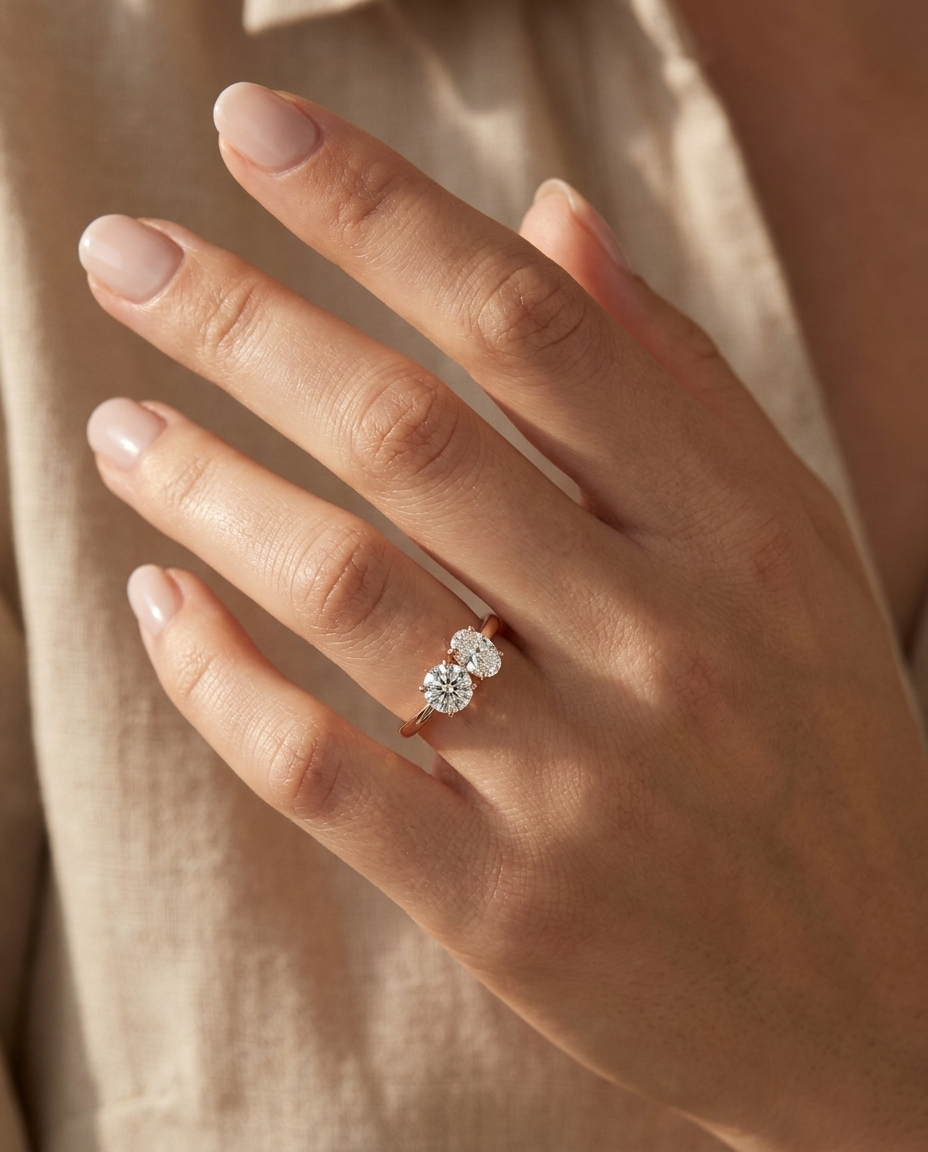 14K Rose Gold Jackie Select Toi et Moi Round & Oval Knife Edge Band Lab Diamond Engagement Ring - Ring on hand model