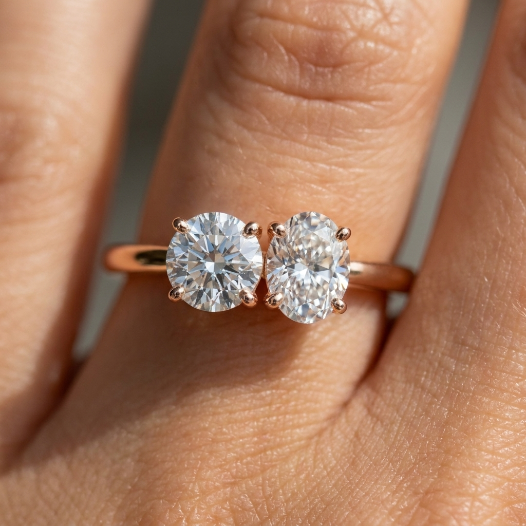 14K Rose Gold Jackie Select Toi et Moi Round & Oval Knife Edge Band Lab Diamond Engagement Ring - Macro close-up on finger