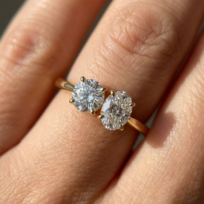 14K Yellow Gold Jackie Select Toi et Moi Round & Oval Knife Edge Band Lab Diamond Engagement Ring - Macro close-up on finger
