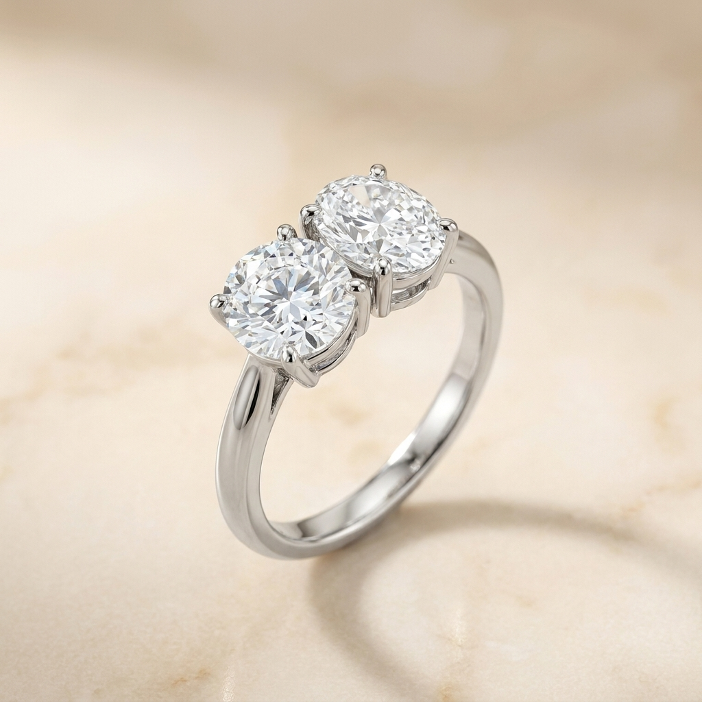 18K White Gold Jackie Select Toi et Moi Round & Oval Knife Edge Band Lab Diamond Engagement Ring - Alt angle on warm marble