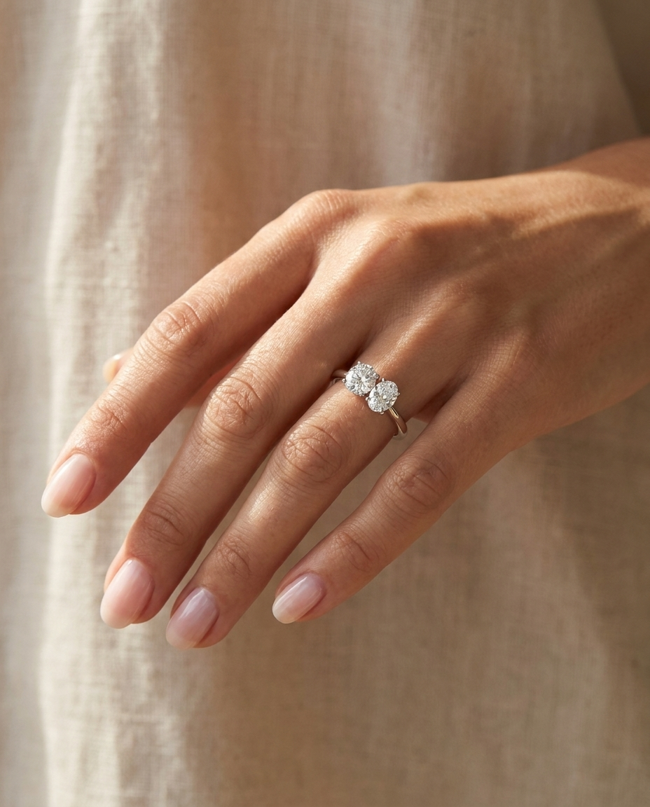 18K White Gold Jackie Select Toi et Moi Round & Oval Knife Edge Band Lab Diamond Engagement Ring - Ring on hand model