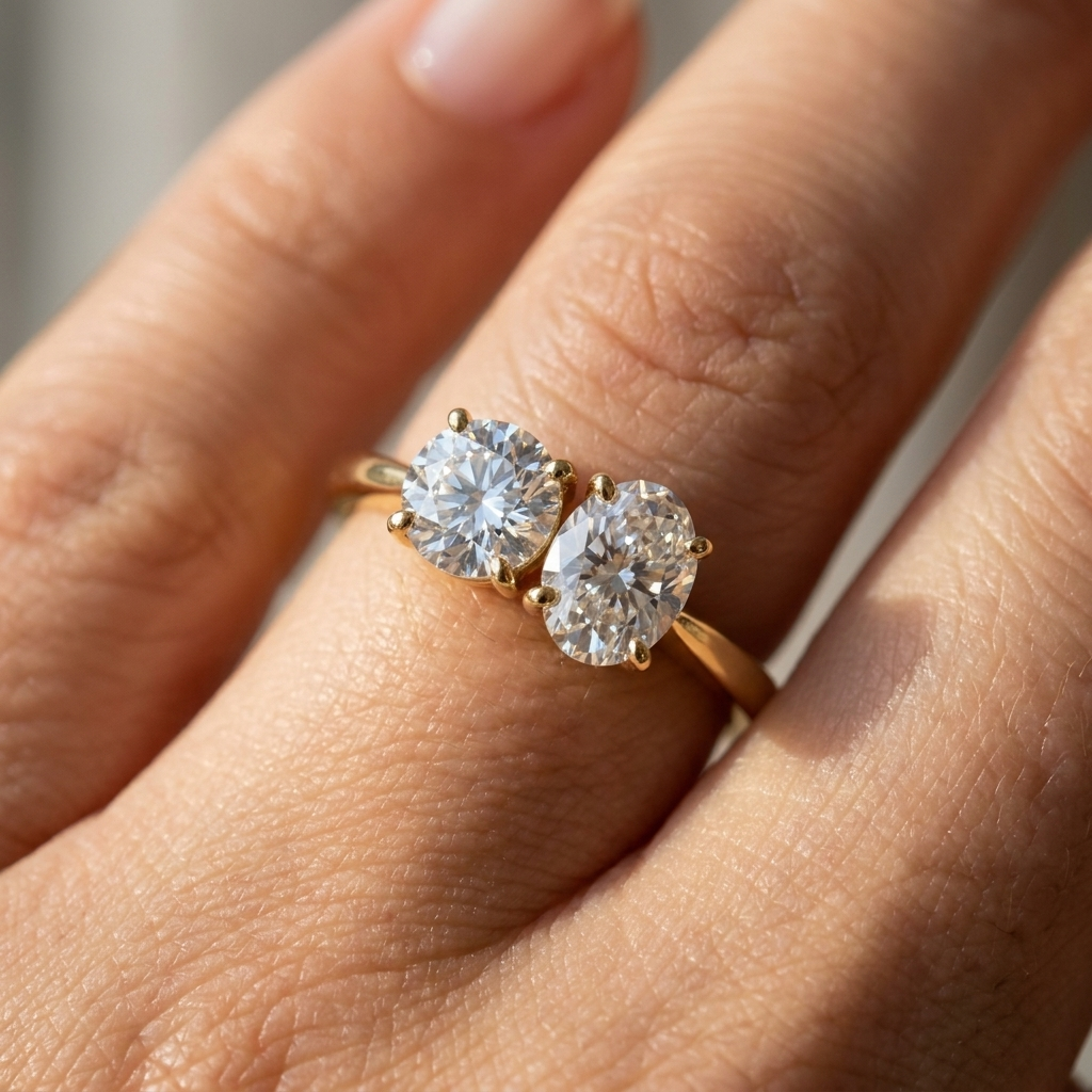 18K Yellow Gold Jackie Select Toi et Moi Round & Oval Knife Edge Band Lab Diamond Engagement Ring - Macro close-up on finger