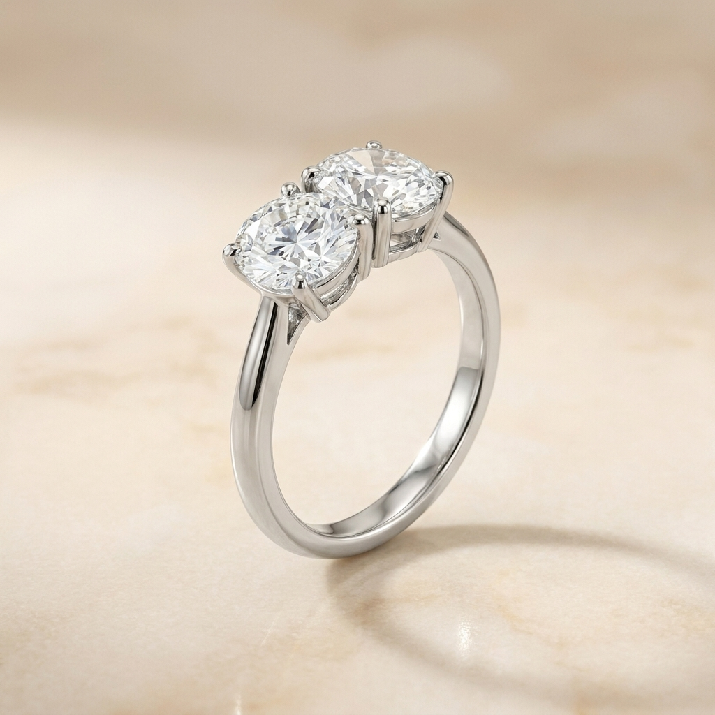 Platinum Jackie Select Toi et Moi Round & Oval Knife Edge Band Lab Diamond Engagement Ring - Alt angle on warm marble