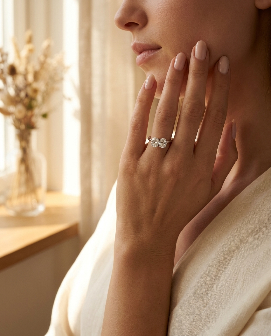 Platinum Jackie Select Toi et Moi Round & Oval Knife Edge Band Lab Diamond Engagement Ring - Lifestyle scene with hand model