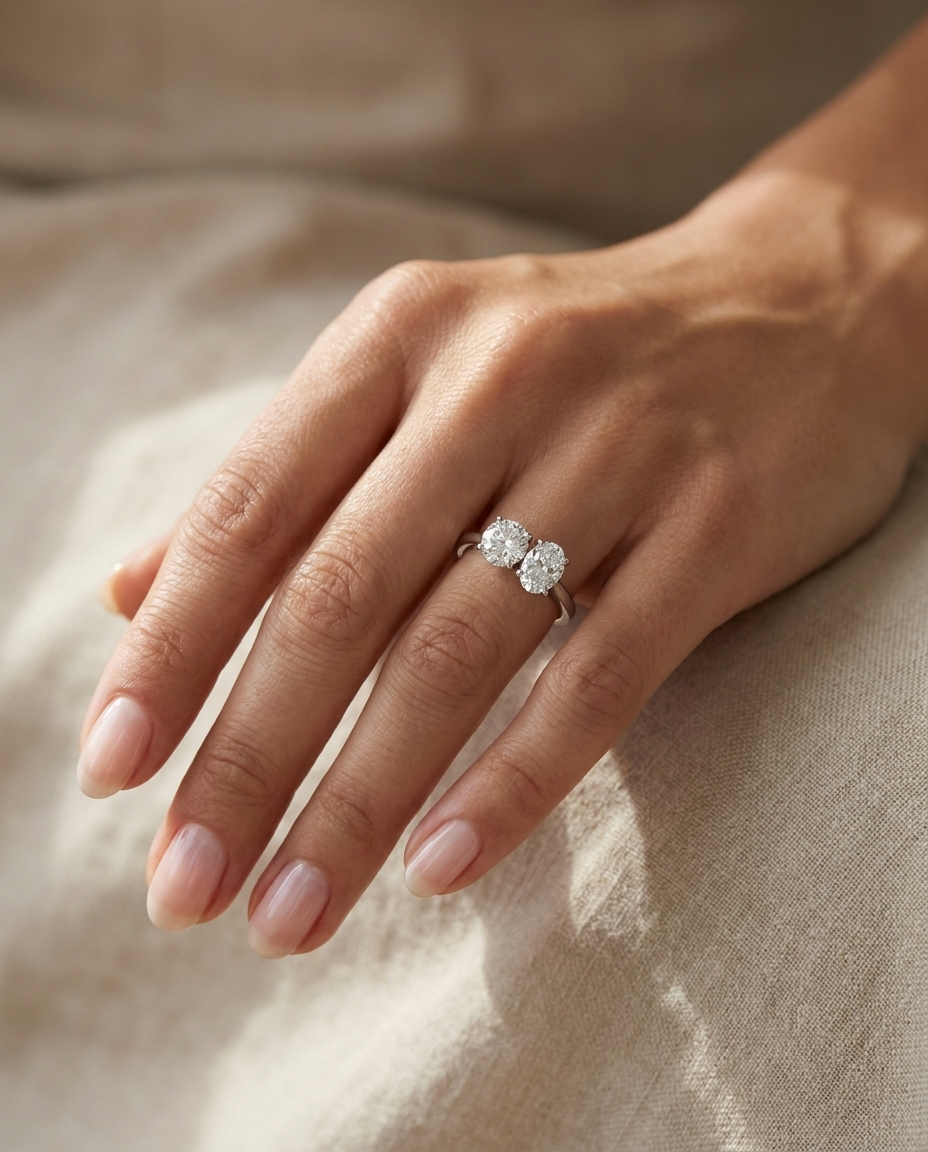 Platinum Jackie Select Toi et Moi Round & Oval Knife Edge Band Lab Diamond Engagement Ring - Ring on hand model