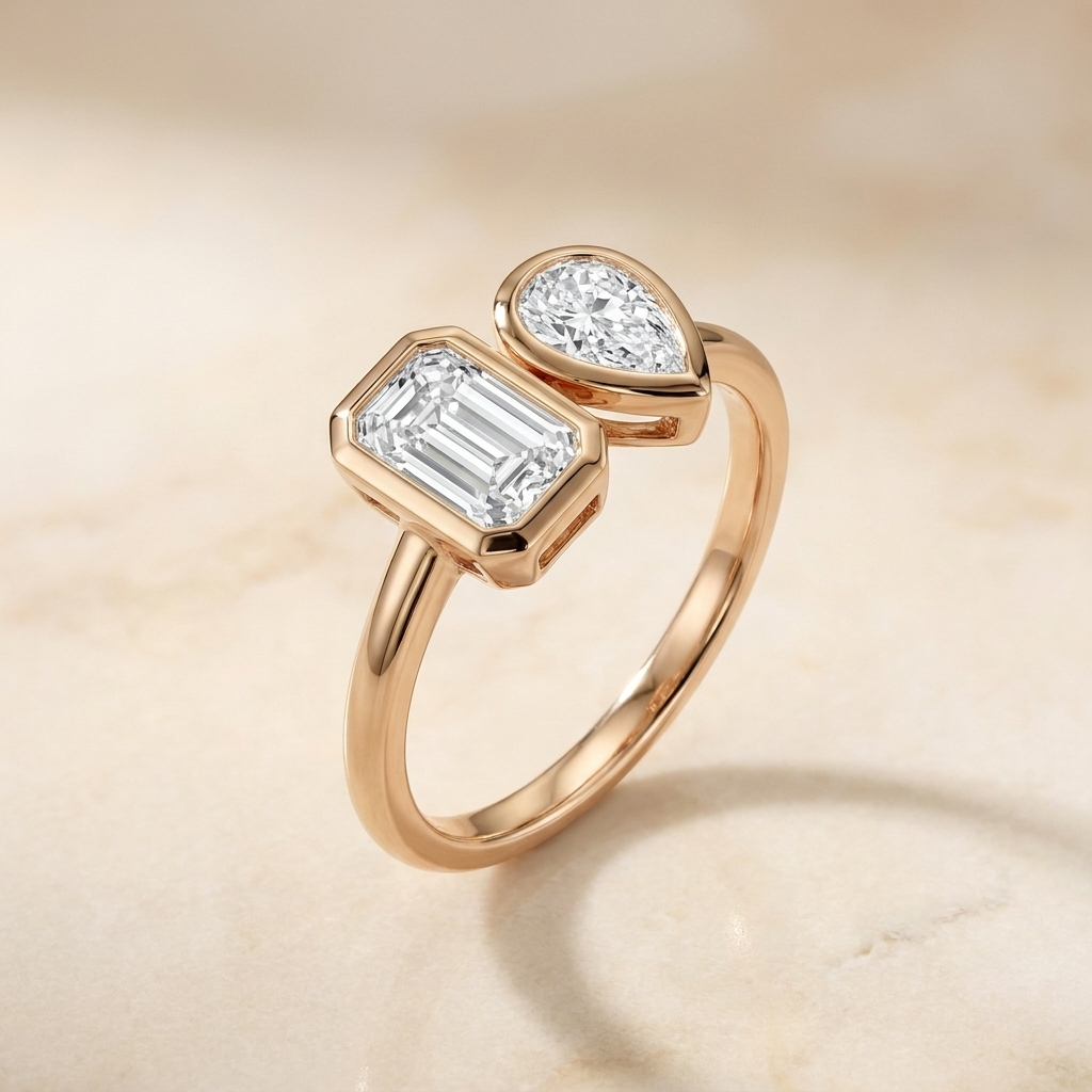 Select Toi et Moi Bezel Lab Diamond Cut styling on The Josephine emerald engagement ring setting | RockHer