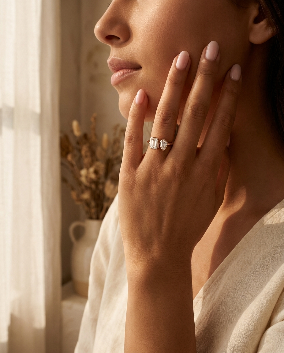 The Josephine engagement ring setting in 14K Rose Gold, select toi et moi bezel lab diamond cut design | RockHer