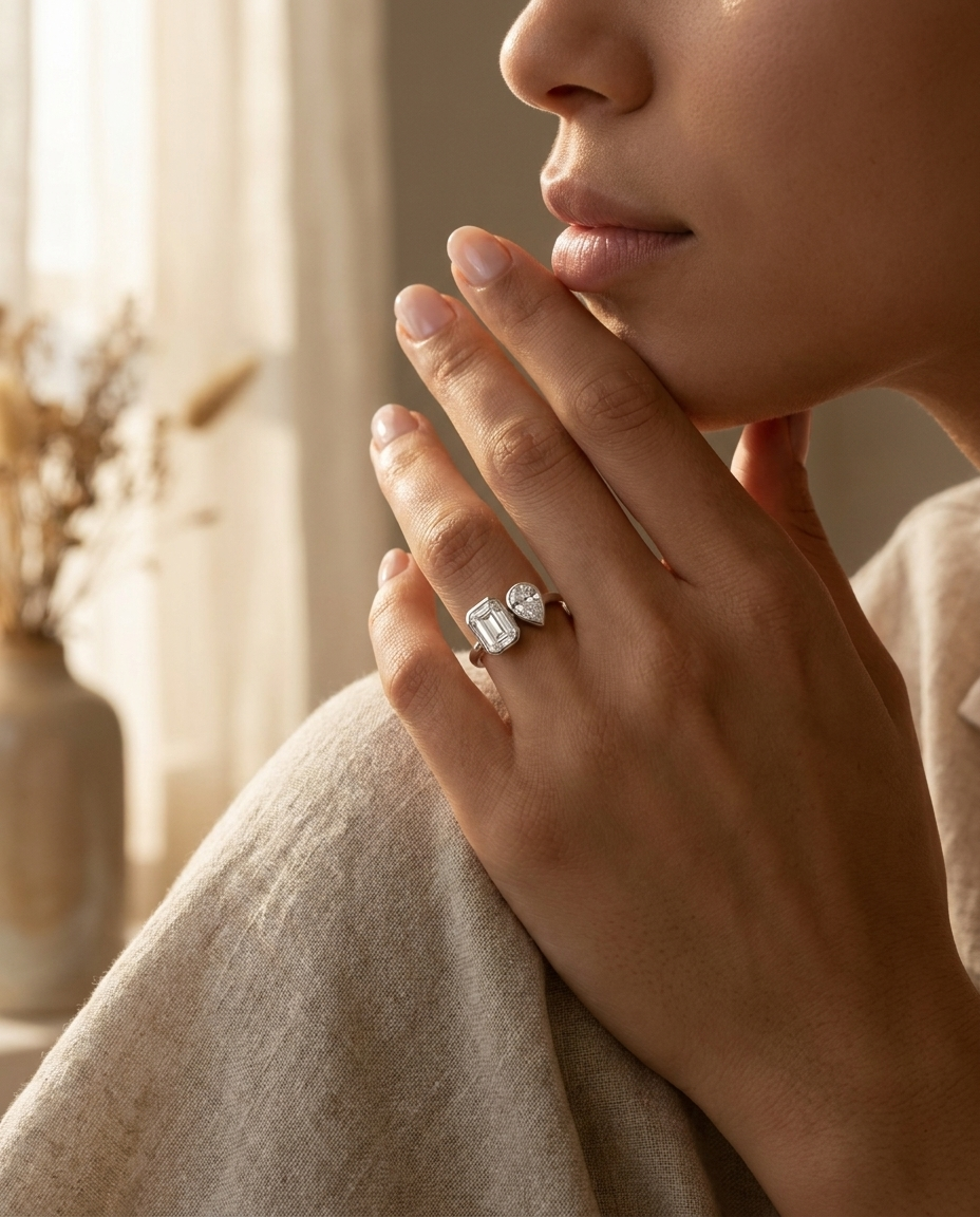14K White Gold Josephine Select Toi et Moi Emerald & Pear Bezel Set Lab Diamond Engagement Ring - Lifestyle scene with hand model
