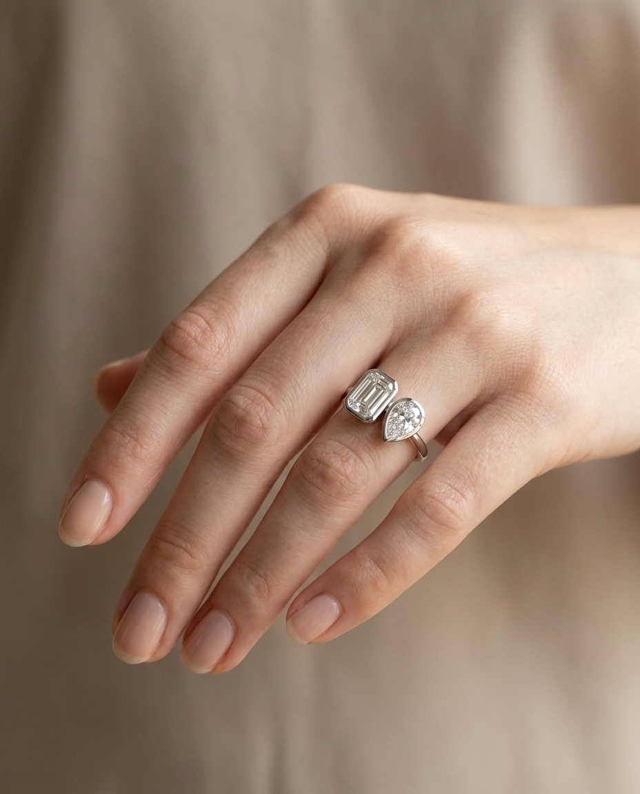 14K White Gold Josephine Select Toi et Moi Emerald & Pear Bezel Set Lab Diamond Engagement Ring - Ring on hand model
