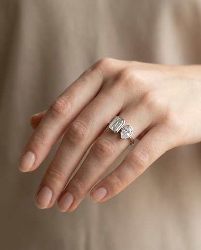 14K White Gold Josephine Select Toi et Moi Emerald & Pear Bezel Set Lab Diamond Engagement Ring - Ring on hand model