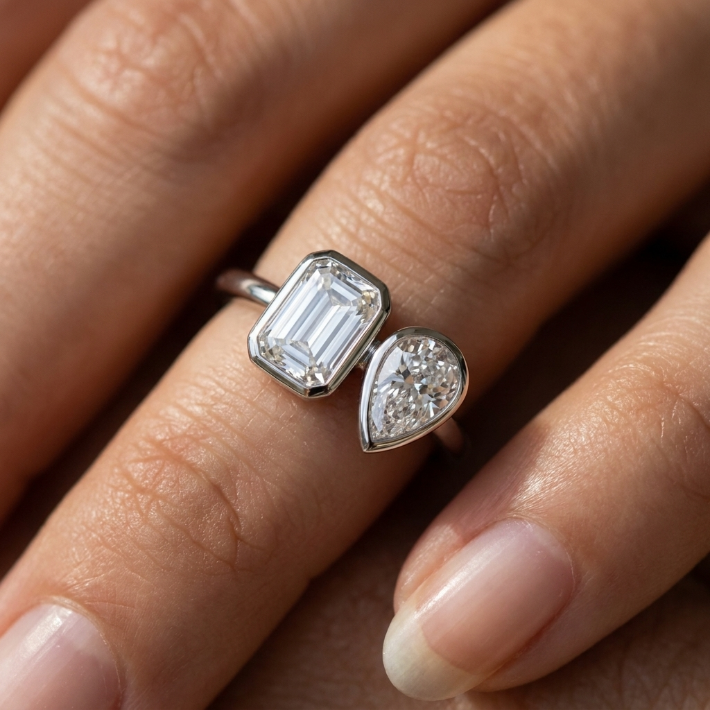 14K White Gold Josephine Select Toi et Moi Emerald & Pear Bezel Set Lab Diamond Engagement Ring - Macro close-up on finger