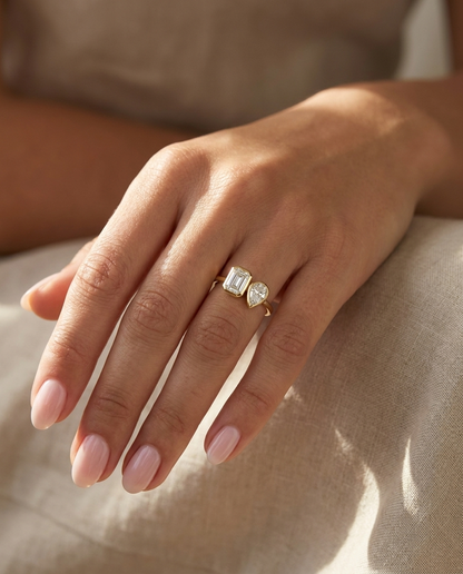 14K Yellow Gold Josephine Select Toi et Moi Emerald & Pear Bezel Set Lab Diamond Engagement Ring - Ring on hand model