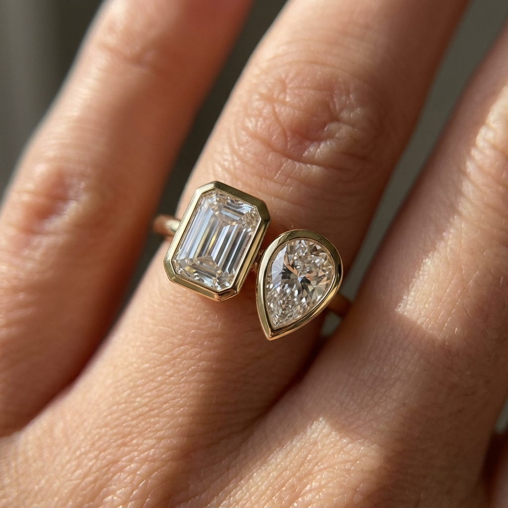 14K Yellow Gold Josephine Select Toi et Moi Emerald & Pear Bezel Set Lab Diamond Engagement Ring - Macro close-up on finger