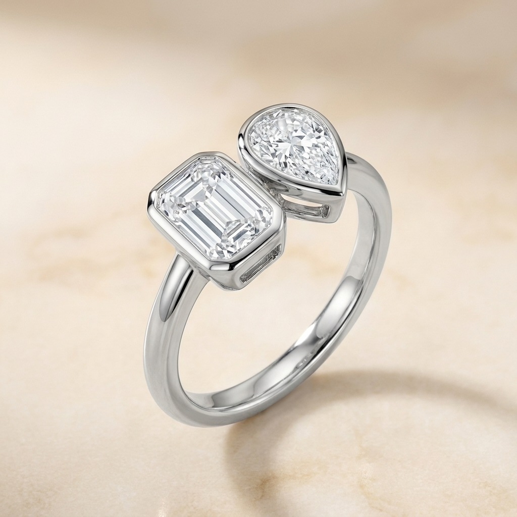 Select Toi et Moi Bezel Lab Diamond Cut styling on The Josephine emerald engagement ring setting | RockHer