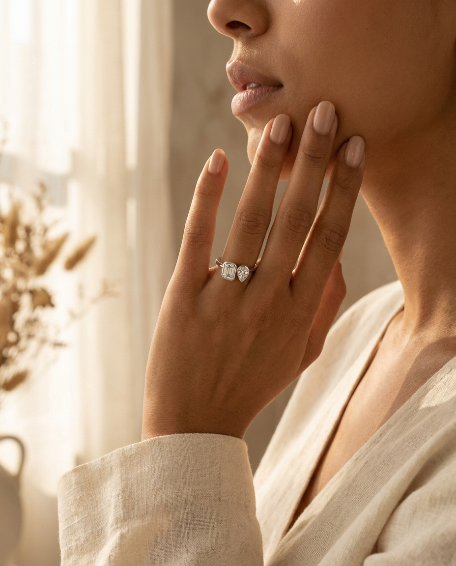 The Josephine engagement ring setting in 18K White Gold, select toi et moi bezel lab diamond cut design | RockHer