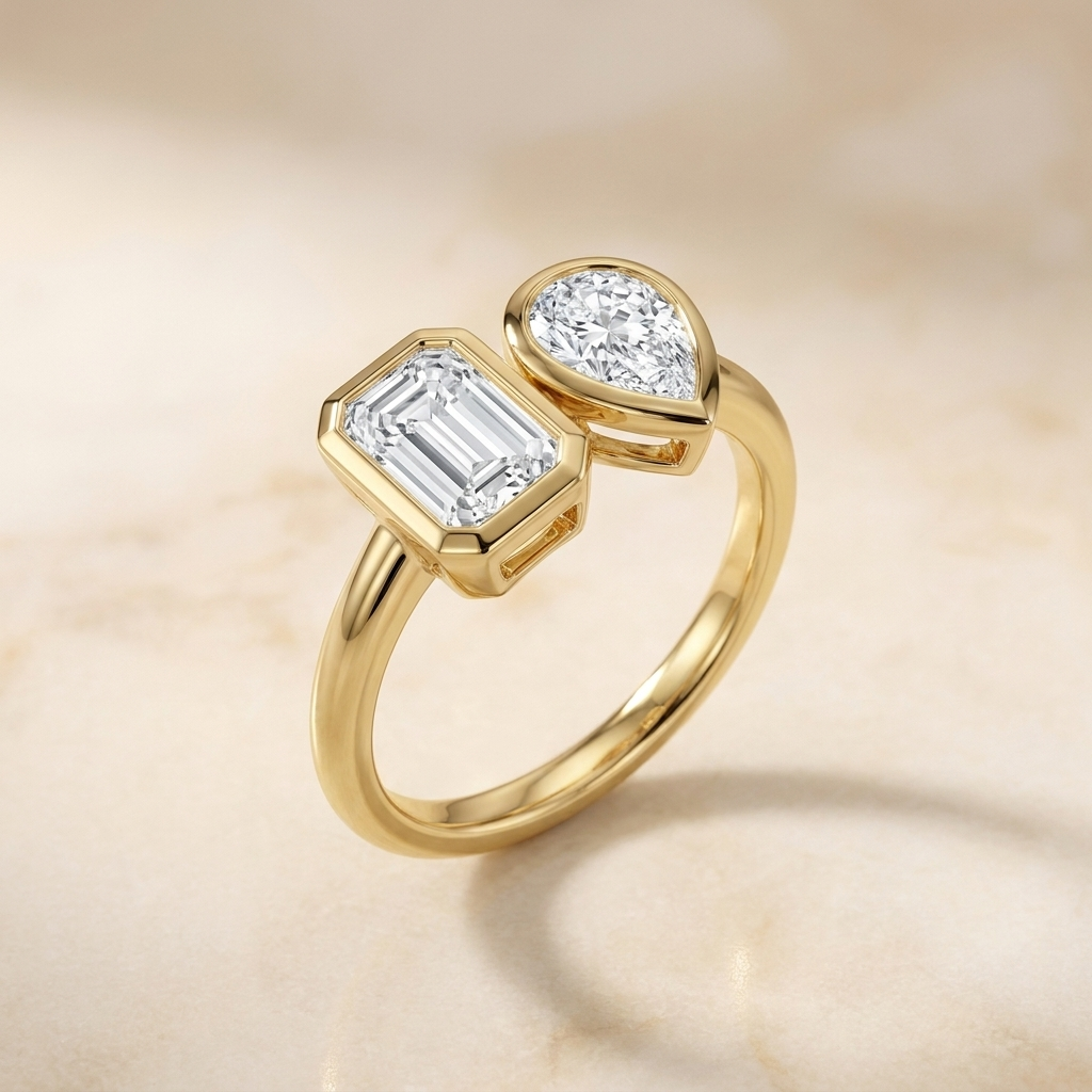 Select Toi et Moi Bezel Lab Diamond Cut styling on The Josephine emerald engagement ring setting | RockHer