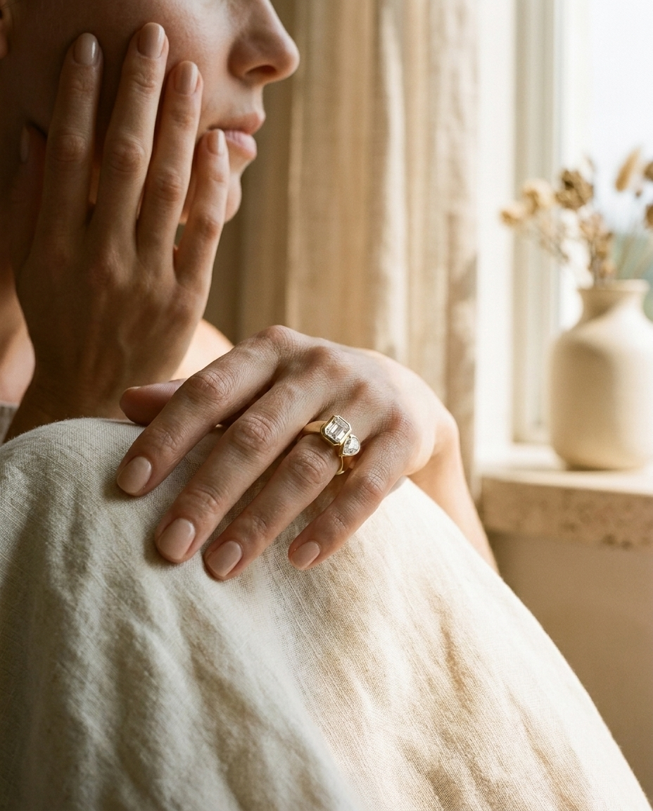 The Josephine engagement ring setting in 14K Rose Gold, select toi et moi bezel cut design | RockHer