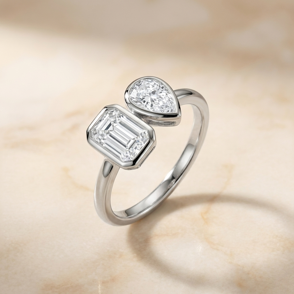 Select Toi et Moi Bezel Lab Diamond Cut styling on The Josephine emerald engagement ring setting | RockHer