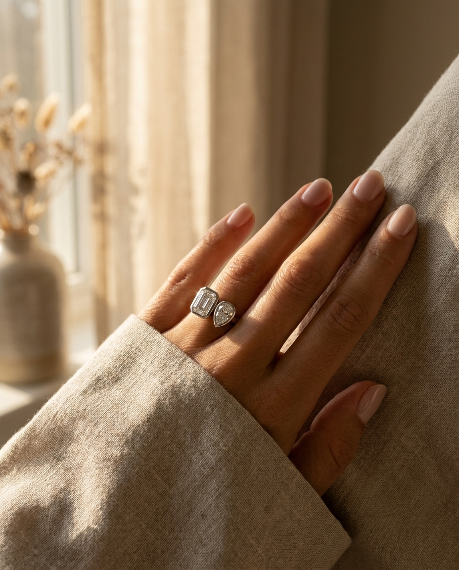 The Josephine engagement ring setting in Platinum, select toi et moi bezel lab diamond cut design | RockHer