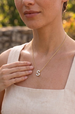 Diamond Letter Pendant Necklace, in 14K Yellow Gold, lifestyle shot | RockHer