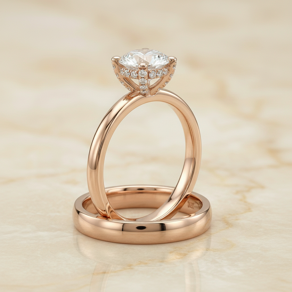 Detail styling of The Lana round engagement ring setting in 14K Rose Gold | RockHer