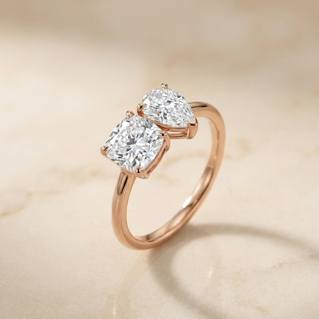 Select Toi et Moi Lab Diamond Cut styling on The Lauryn cushion engagement ring setting | RockHer