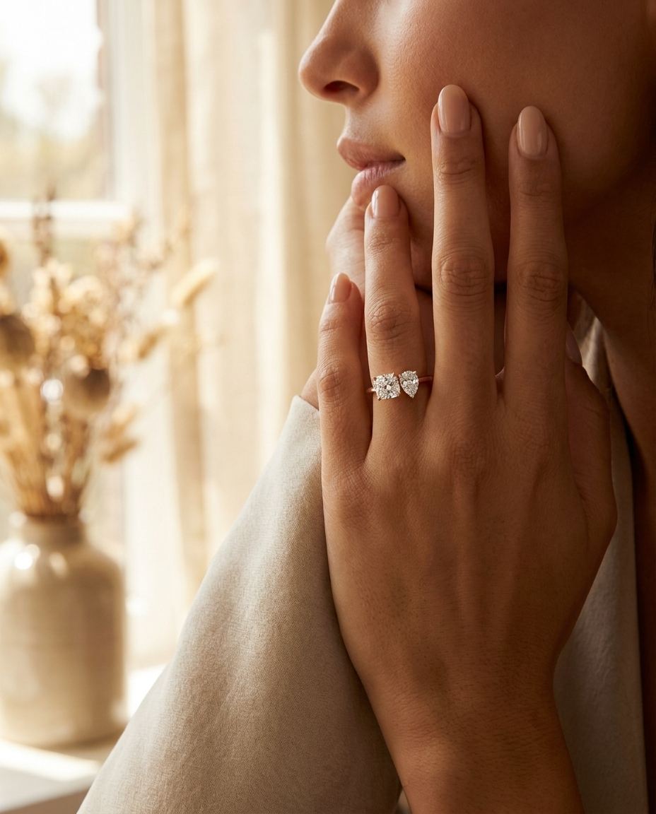 The Lauryn engagement ring setting in 14K Rose Gold, select toi et moi lab diamond cut design | RockHer