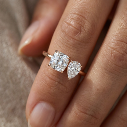 14K Rose Gold Lauryn Toi et Moi Select Cushion & Pear Lab Diamond Engagement Ring - Macro close-up on finger