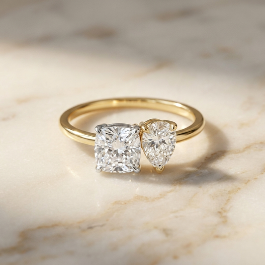 14K White Gold Lauryn Toi et Moi Select Cushion & Pear Lab Diamond Engagement Ring - Hero on warm marble
