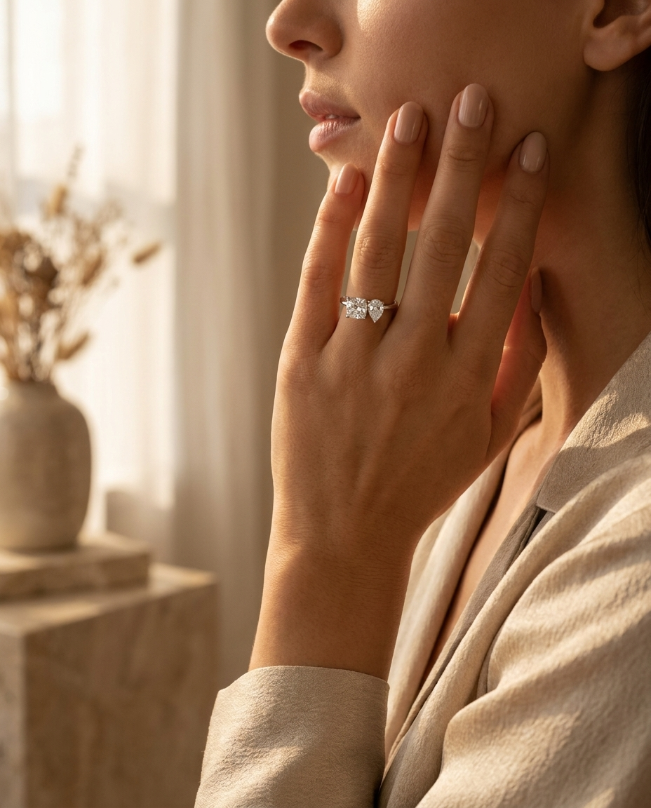 14K White Gold Lauryn Toi et Moi Select Cushion & Pear Lab Diamond Engagement Ring - Lifestyle scene with hand model
