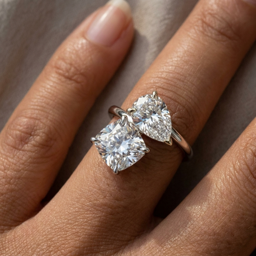 14K White Gold Lauryn Toi et Moi Select Cushion & Pear Lab Diamond Engagement Ring - Macro close-up on finger