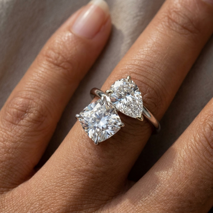 14K White Gold Lauryn Toi et Moi Select Cushion & Pear Lab Diamond Engagement Ring - Macro close-up on finger