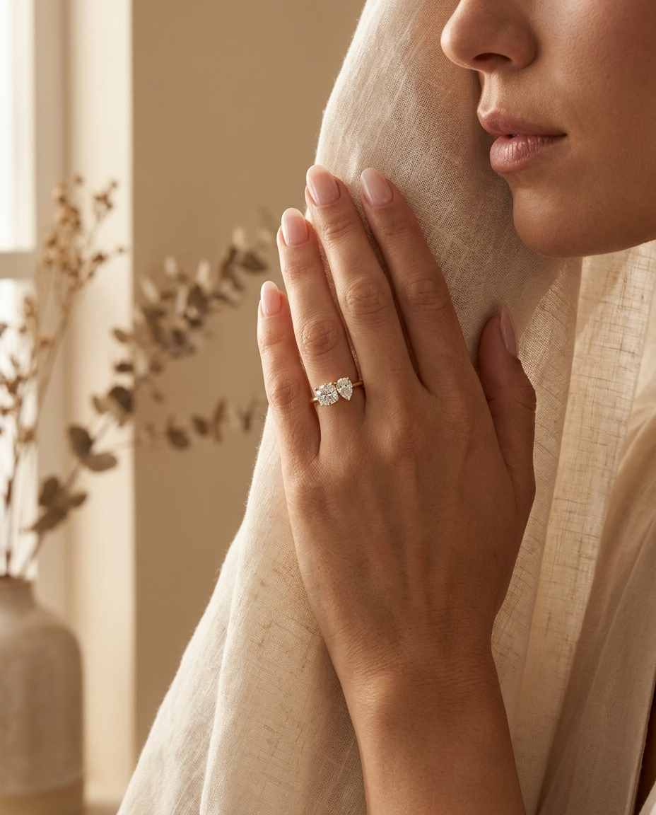 14K Yellow Gold Lauryn Toi et Moi Select Cushion & Pear Lab Diamond Engagement Ring - Lifestyle scene with hand model