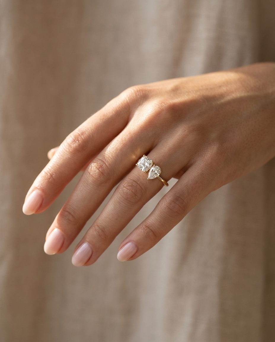 14K Yellow Gold Lauryn Toi et Moi Select Cushion & Pear Lab Diamond Engagement Ring - Ring on hand model