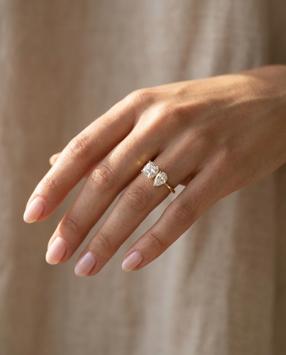 14K Yellow Gold Lauryn Toi et Moi Select Cushion & Pear Lab Diamond Engagement Ring - Ring on hand model