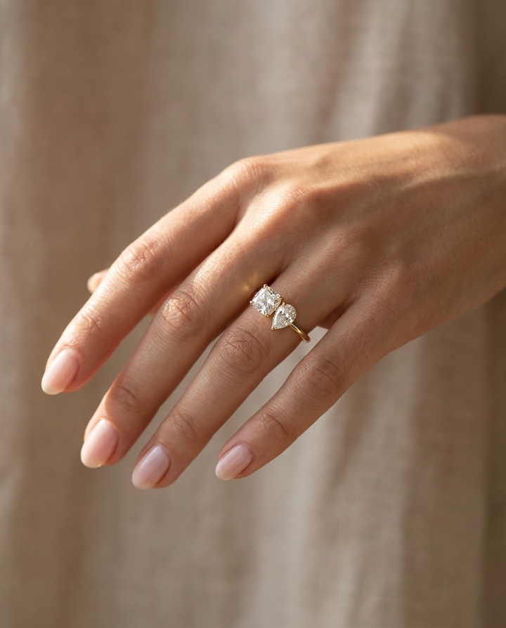 14K Yellow Gold Lauryn Toi et Moi Select Cushion & Pear Lab Diamond Engagement Ring - Ring on hand model