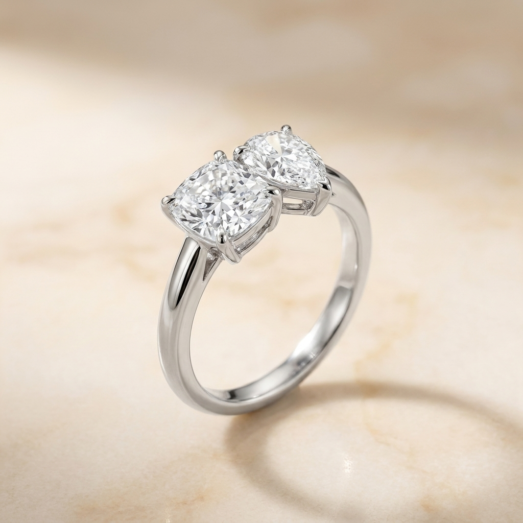 Select Toi et Moi Lab Diamond Cut styling on The Lauryn cushion engagement ring setting | RockHer