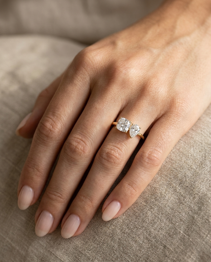 18K Yellow Gold Lauryn Toi et Moi Select Cushion & Pear Lab Diamond Engagement Ring, prong setting – lifestyle shot | RockHer