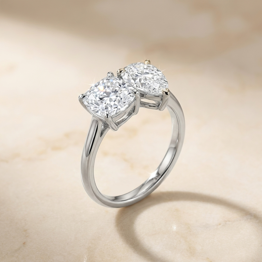 Select Toi et Moi Lab Diamond Cut styling on The Lauryn cushion engagement ring setting | RockHer