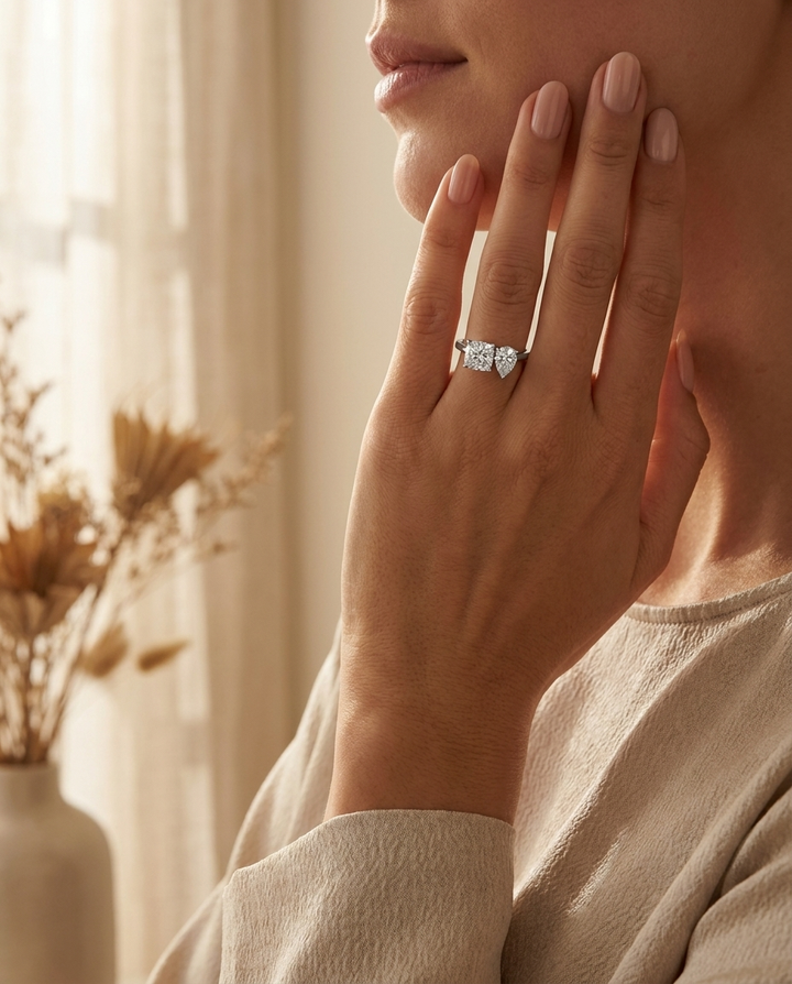 Platinum Lauryn Toi et Moi Select Cushion & Pear Lab Diamond Engagement Ring, prong setting – lifestyle shot | RockHer