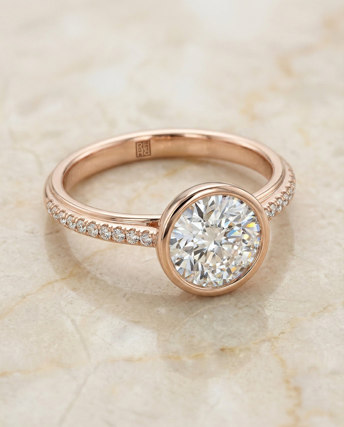 Cappella Select Linear Bezel Pavé Round Lab Diamond Engagement Ring in 14K Rose Gold, alternate angle | RockHer