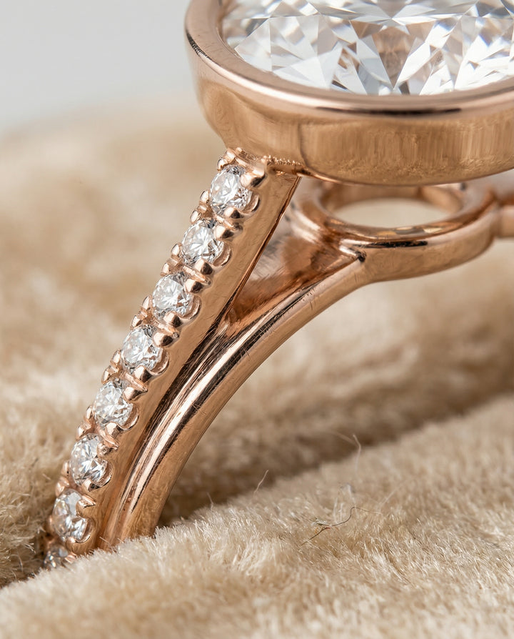 Round Brilliant, Linear Bezel Pavé, in 14K Rose Gold – detail view | RockHer