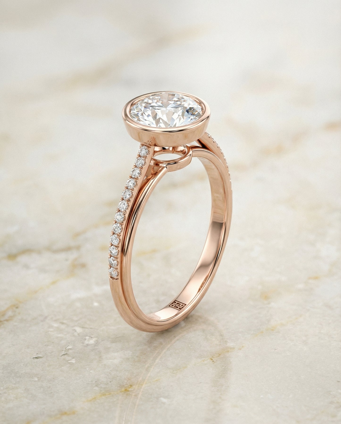 Round Brilliant, Linear Bezel Pavé, in 14K Rose Gold – front view | RockHer