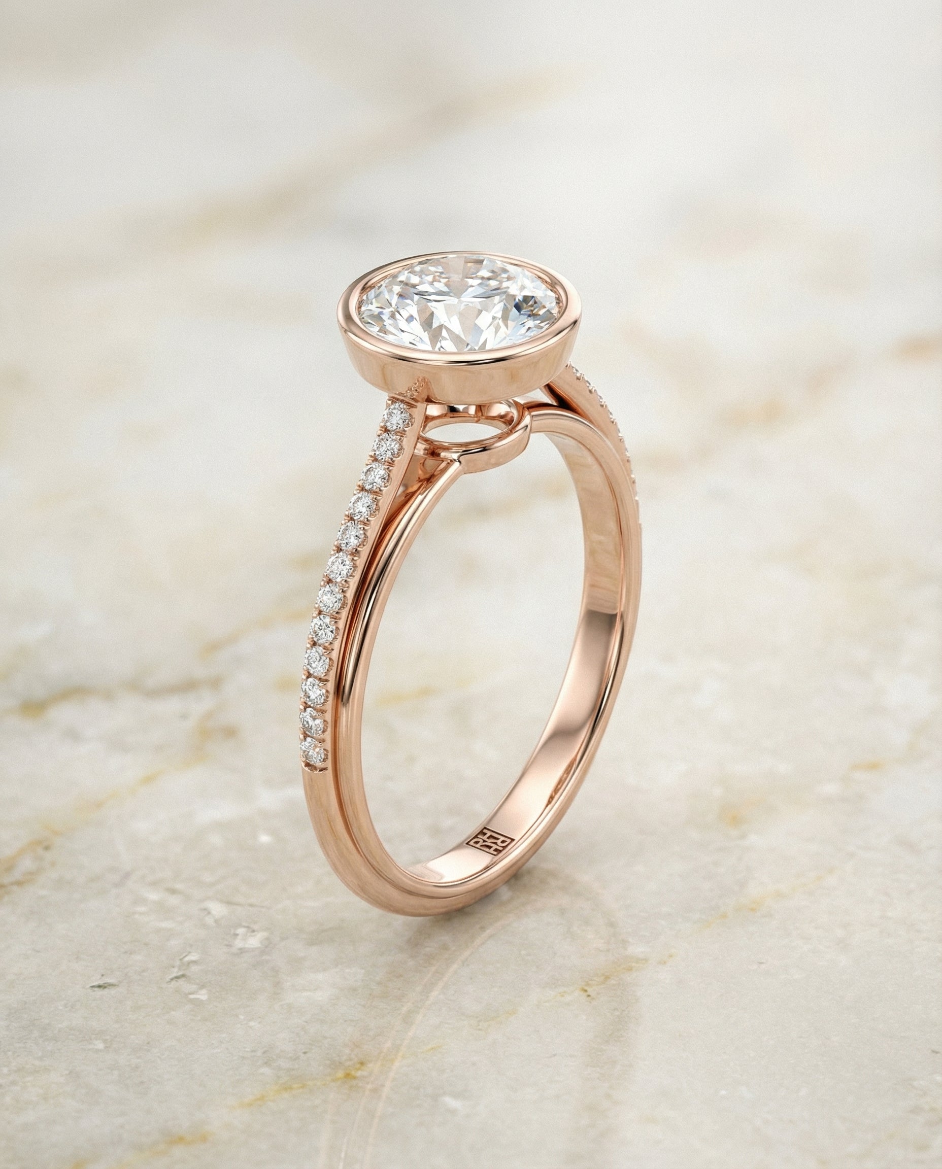 Cappella Select Linear Bezel Pavé Round Lab Diamond Engagement Ring in 14K Rose Gold, front view | RockHer